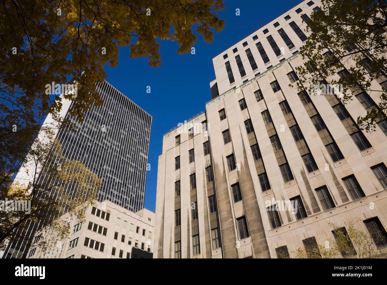 Modern and old skyscrapers through tree branches in autumn, Quebec, Canada Stock Photo