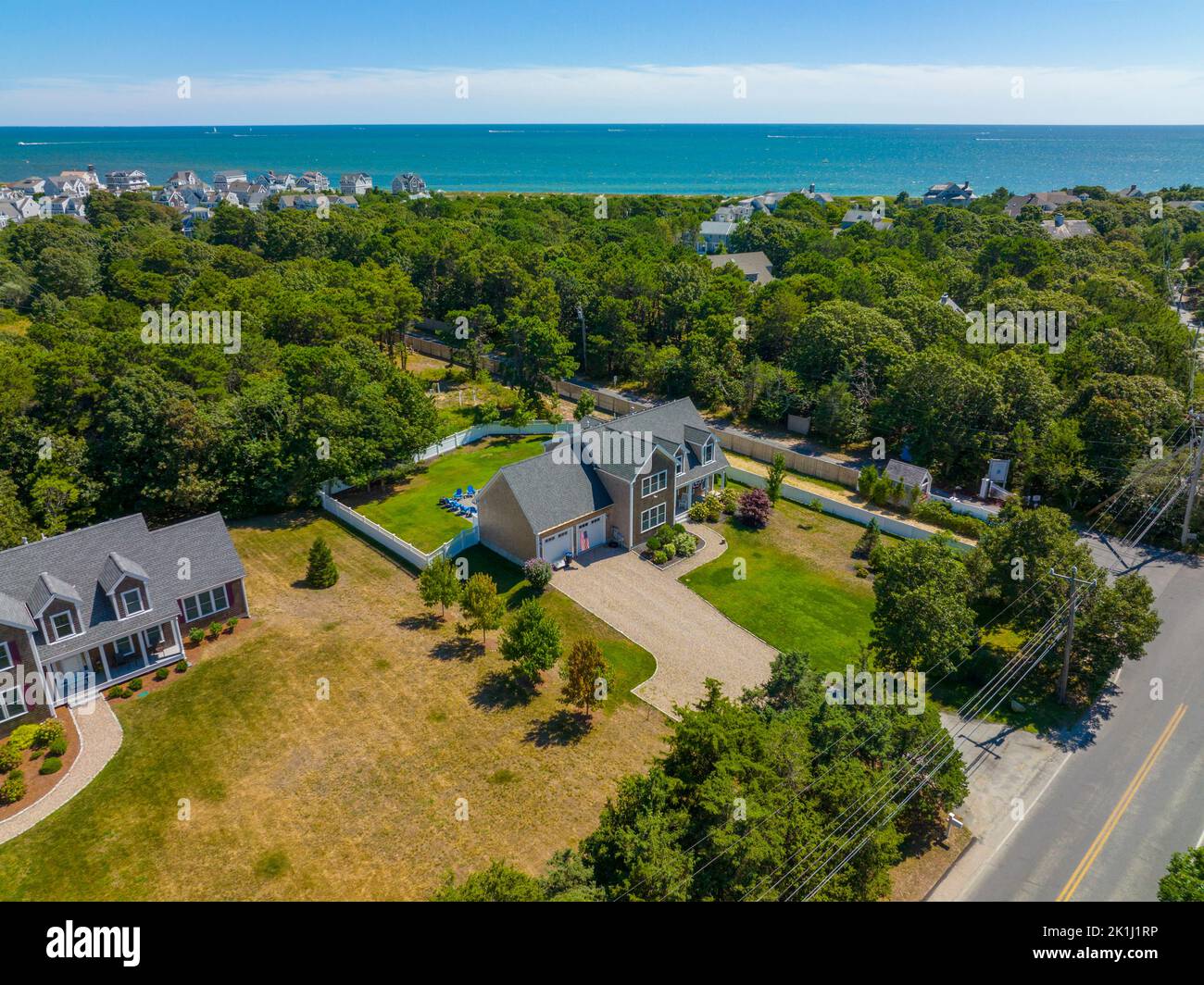 Historic waterfront house aerial view at Seagull Beach in summer in West Yarmouth, Cape Cod, Massachusetts MA, USA. Stock Photo