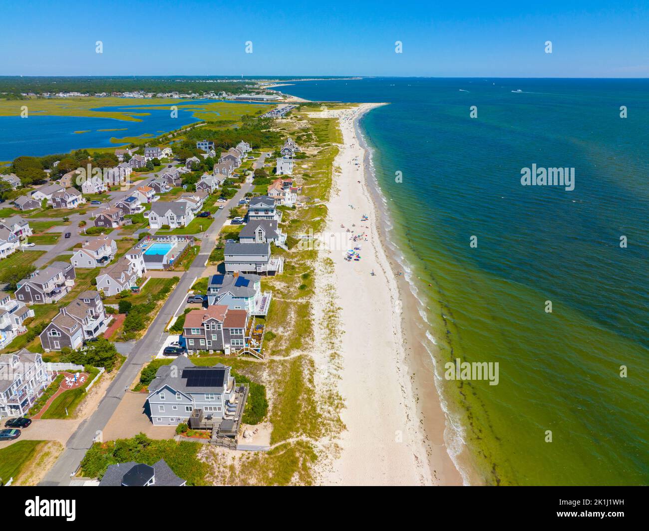 Seagull Beach aerial view in summer in West Yarmouth, Cape Cod, Massachusetts MA, USA. Stock Photo