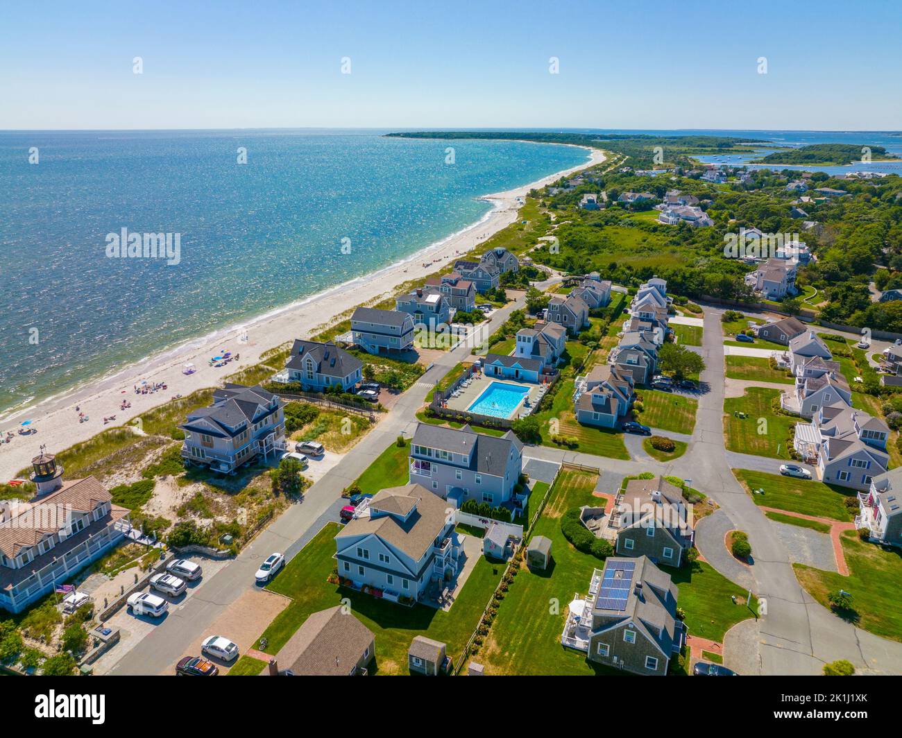 Seagull Beach aerial view in summer in West Yarmouth, Cape Cod, Massachusetts MA, USA. Stock Photo