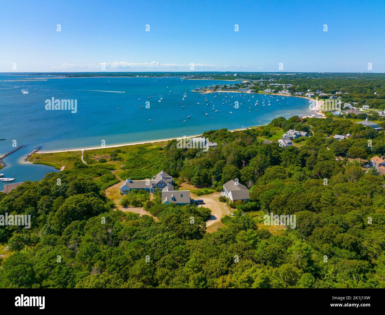 Englewood Beach aerial view at Lewis Bay in West Yarmouth, Cape Cod, Massachusetts MA, USA. Stock Photo