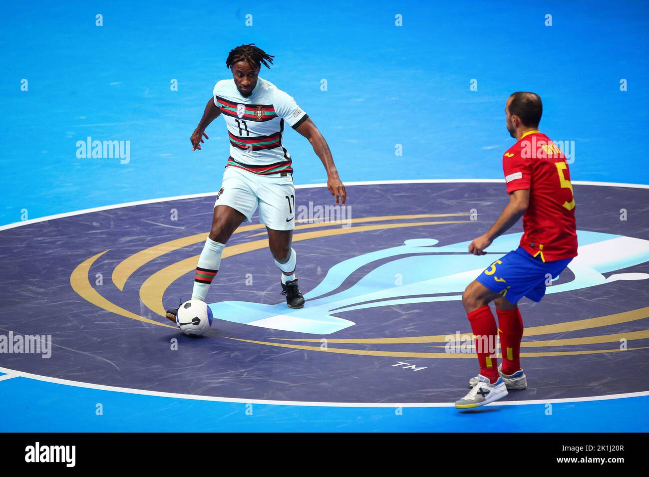 Buenos Aires, Argentina. 18th Sep, 2022. Pany Varela (L) of Portugal and Antonio Manuel Sanchez Tinda (R) of Espana seen in action during the final match between Portugal and Spain as part of Futsal Finallisima 2022 - Final Match at Parque Roca Stadium.(Final score: Portugal 4:2 Spain) Credit: SOPA Images Limited/Alamy Live News Stock Photo