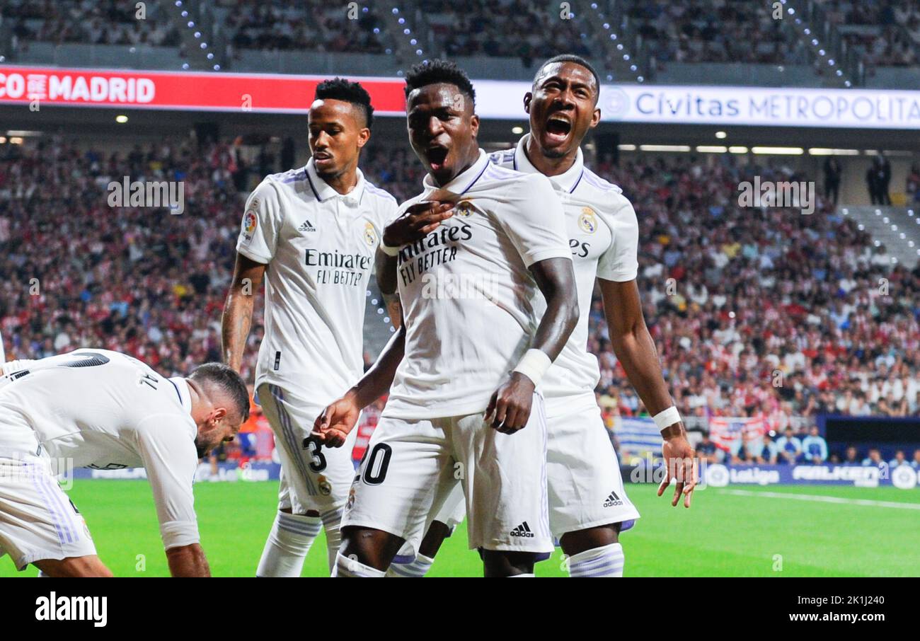 Madrid, Spain. 18th Sep, 2022. Players of Real Madrid celebrate during a La Liga Santander match between Atletico de Madrid and Rea Madrid in Madrid, Spain, Sept. 18, 2022. Credit: Gustavo Valiente/Xinhua/Alamy Live News Stock Photo