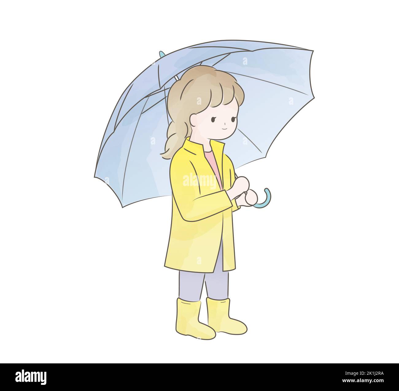 Watercolor Cute Girl In A Raincoat Holding An Umbrella. Vector Illustration Isolated On A White Background. Stock Vector