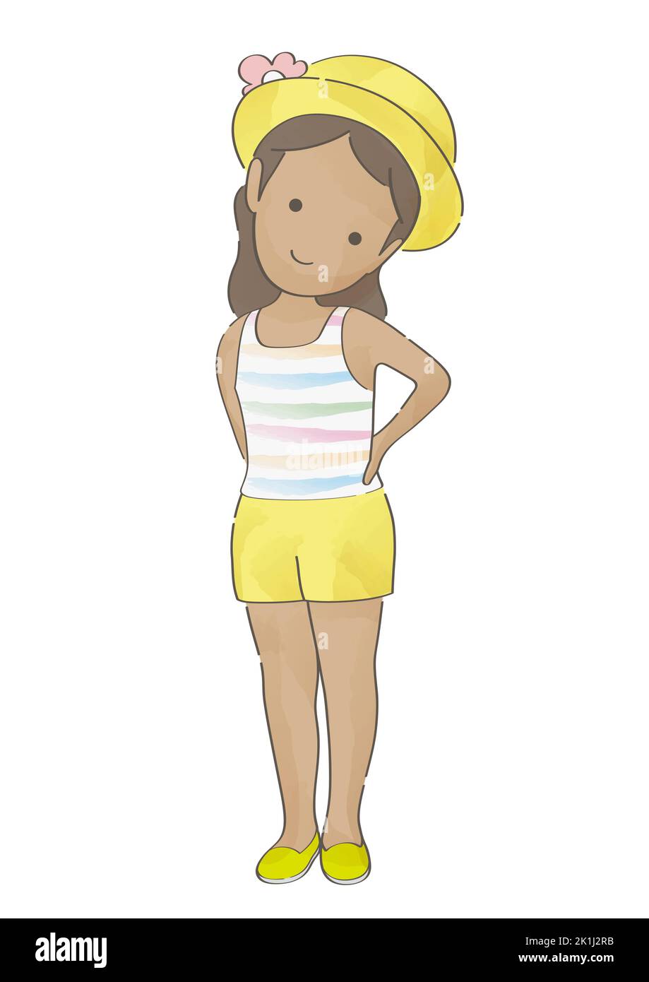 Watercolor Cute Girl Wearing A Yellow Hat. Vector Illustration Isolated On A White Background. Stock Vector