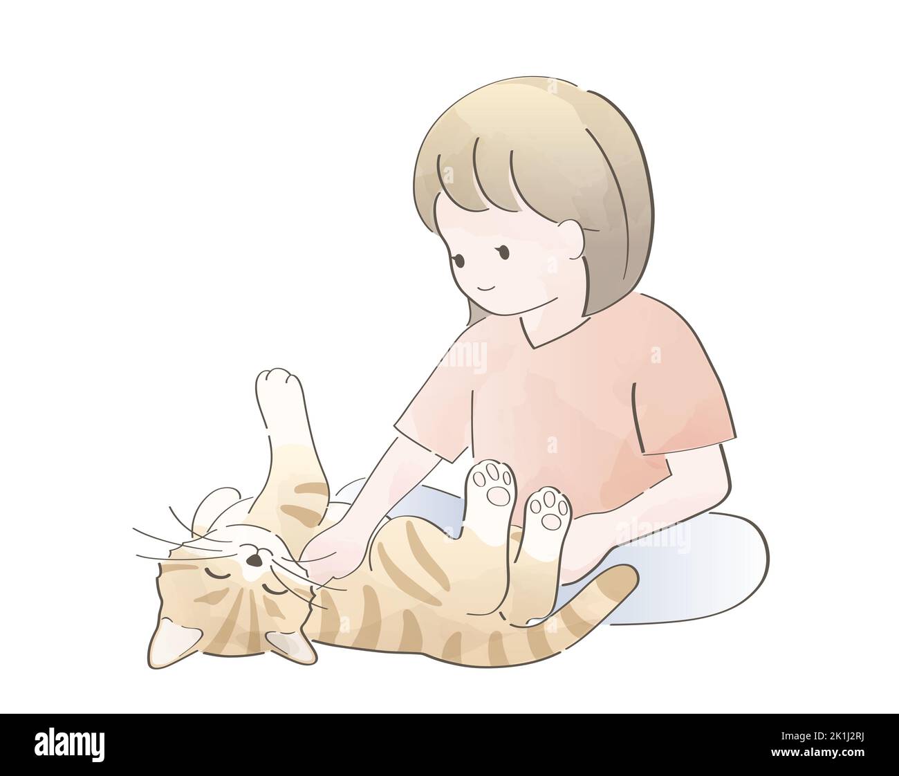 Watercolor Cute Girl Playing With A Cat. Vector Illustration Isolated On A White Background. Stock Vector