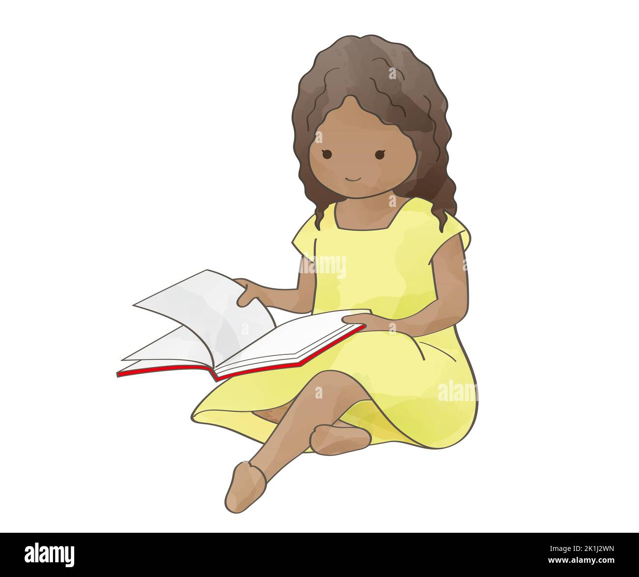 Watercolor Cute Girl Sitting And Reading A Book. Vector Illustration Isolated On A White Background. Stock Vector