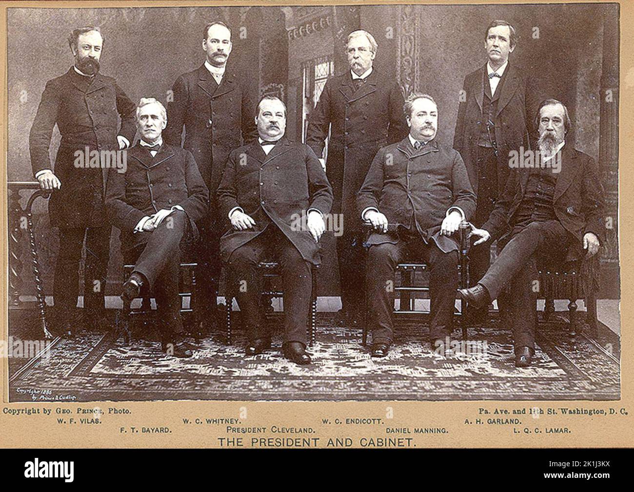 Cleveland's first Cabinet. Front row, left to right: Thomas F. Bayard, Cleveland, Daniel Manning, Lucius Q. C. Lamar Back row, left to right: William F. Vilas, William C. Whitney, William C. Endicott, Augustus H. Garland Stock Photo
