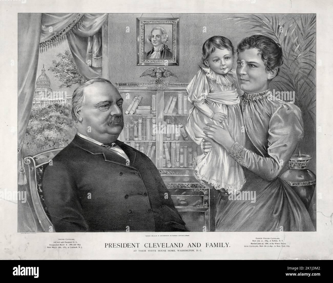 An engraving of  President Grover Cleveland, First Lady Frances Folsom Cleveland, and daughter Ruth ('Baby Ruth') Cleveland Stock Photo