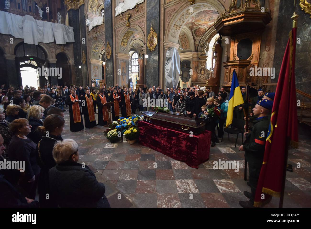 Lviv, Ukraine. 6th Sep, 2022. The funeral service of Captain Volodymyr Ivanyuk in the Garrison Church of the Holy Apostles Peter and Paul in Lviv, who was killed by the Russian occupation forces. From the first days of Russia's full-scale military invasion of Ukraine, Volodymyr Ivanyuk volunteered to go to war. He served in the ranks of the 24th separate mechanized brigade named after King Danylo of the ''West'' operational command of the Ground Forces of the Armed Forces of Ukraine. Volodymyr Ivanyuk is survived by his mother, wife and three sons. (Credit Image: © Pavlo Palamarchuk/SOPA I Stock Photo