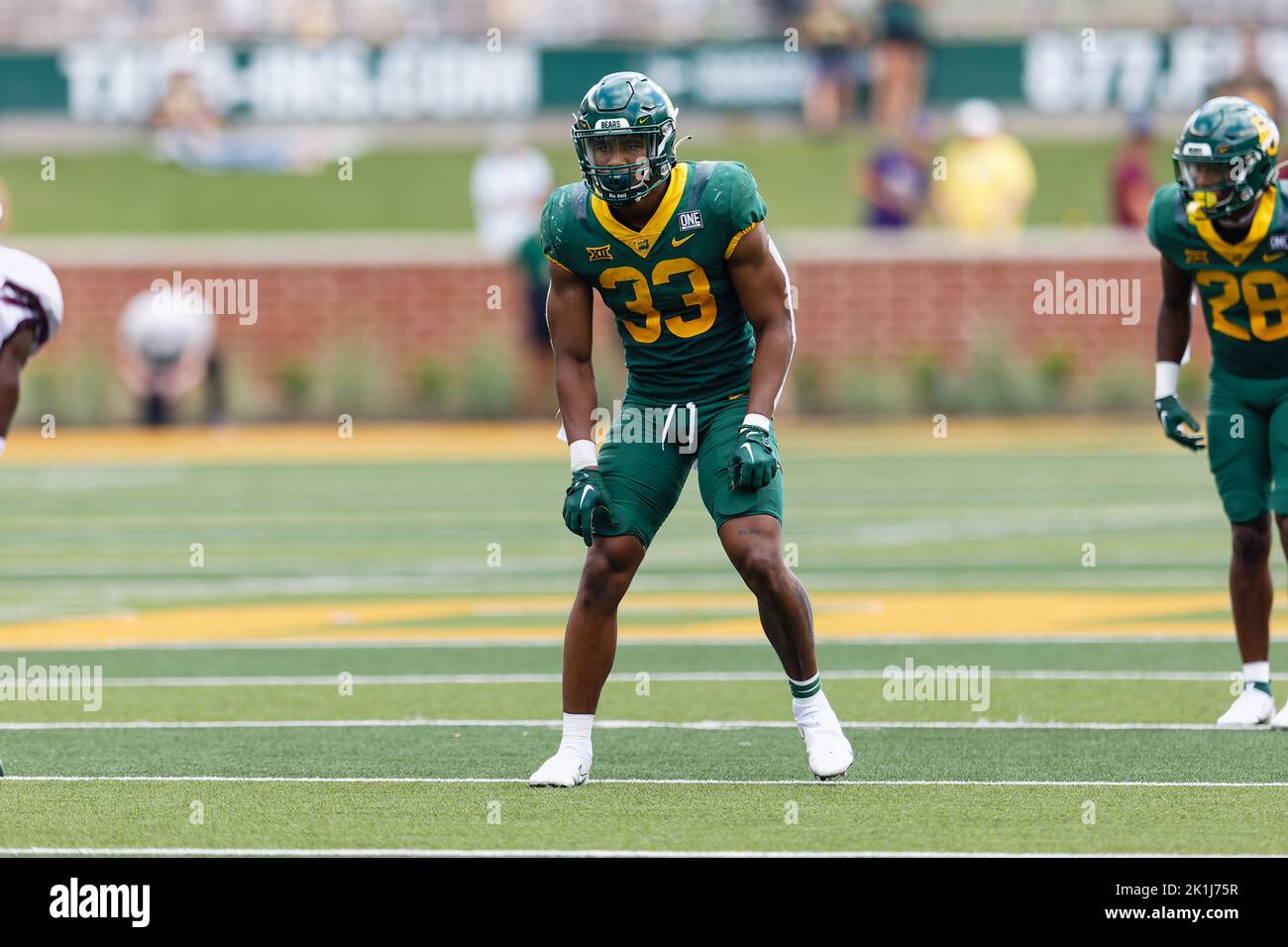 Baylor Bears linebacker Will Williams (33) against the Texas State Bobcats during an NCAA college Football game at McLane Stadium Saturday, Sep. 17, 2022, in Waco, Tex. Baylor won 42-7. (Eddie Kelly/Image of Sport) Stock Photo