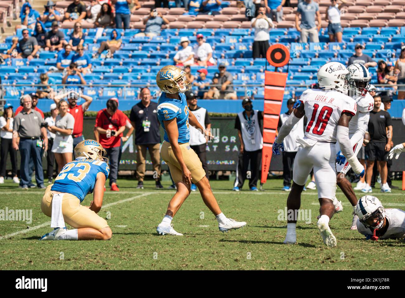 UCLA Bruins place kicker Nicholas BarrMira (2) kicks the winning field