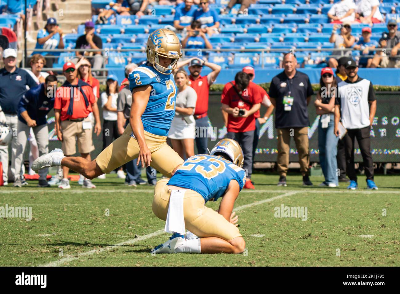 UCLA Bruins place kicker Nicholas BarrMira (2) kicks the winning field