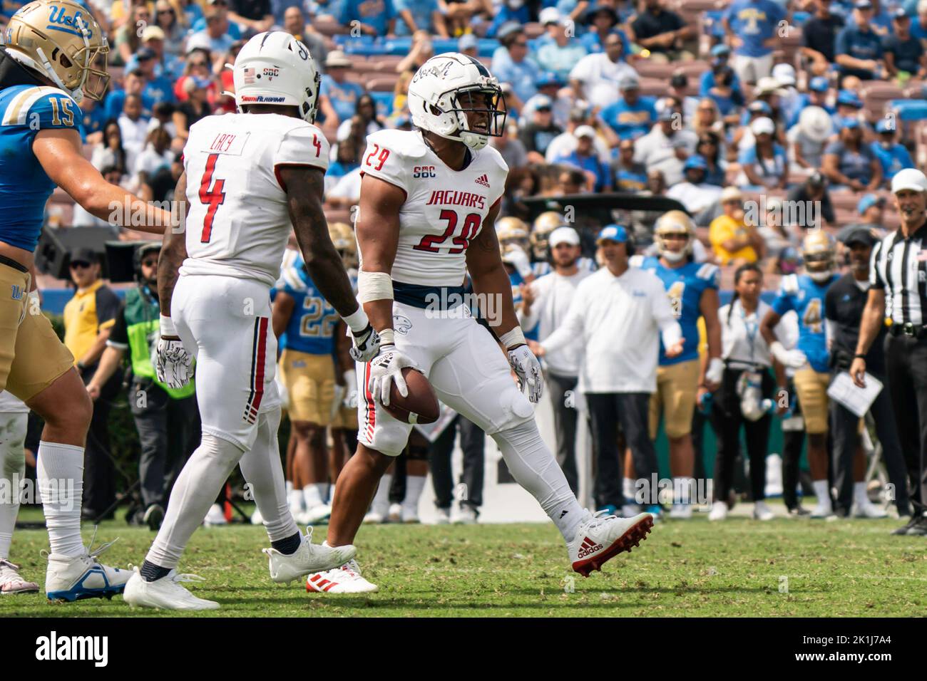 South Alabama Jaguars running back Marco Lee (29) celebrates a touchdown during a NCAA football game against the UCLA Bruins, Saturday, September 17, Stock Photo