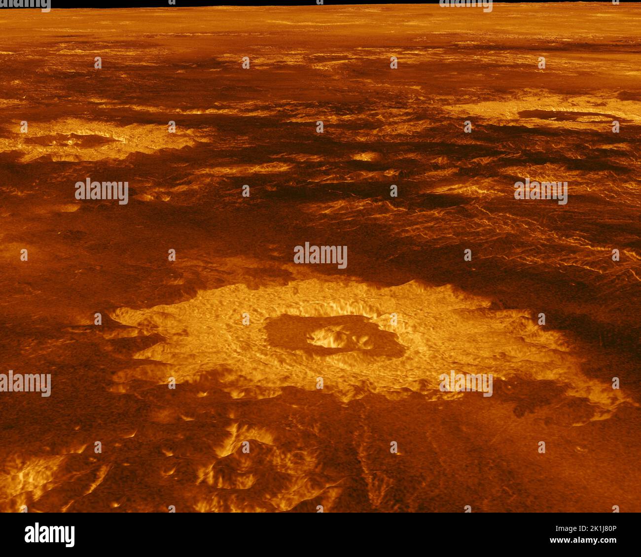 Pasadena, Vereinigte Staaten. 24th Jan, 2022. Three impact craters are displayed in this three-dimensional perspective view of the surface of Venus taken by NASA's Magellan, the first deep space probe launched by a space shuttle. The center of the image is located at approximately 27 degrees south latitude, 339 degrees east longitude in the northwestern portion of the Lavinia Planitia region of the planet Venus. Credit: NASA/JPL-Caltech via CNP/dpa/Alamy Live News Stock Photo