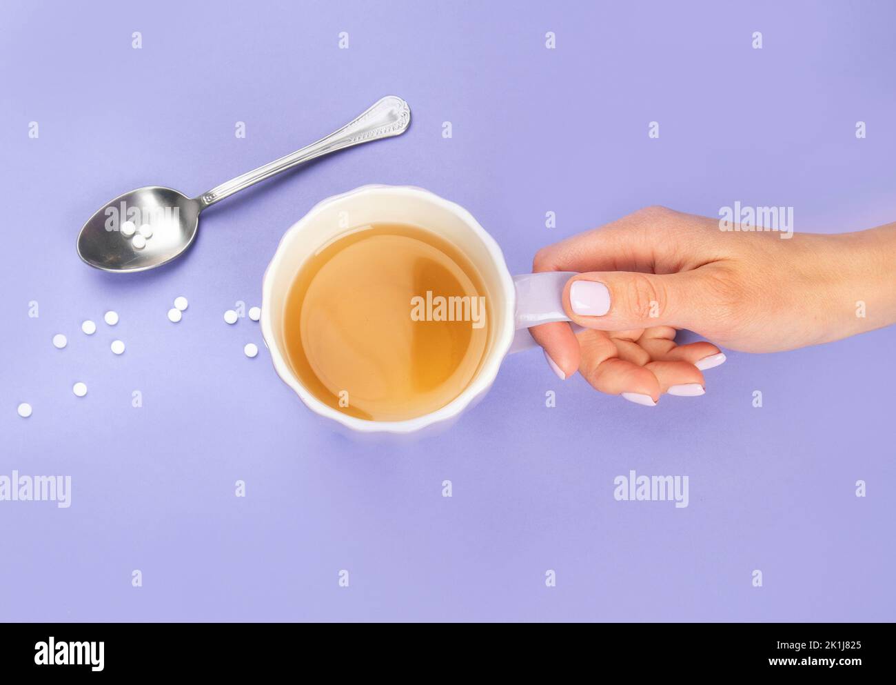 Tea cup with suagr substitute on color background. The concept of healthy eating. Top view, copy space Stock Photo