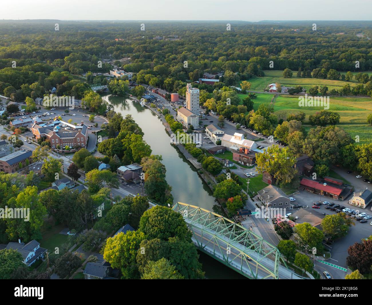 Early evening aerial photo of Schoen Place and the Erie Canal in the