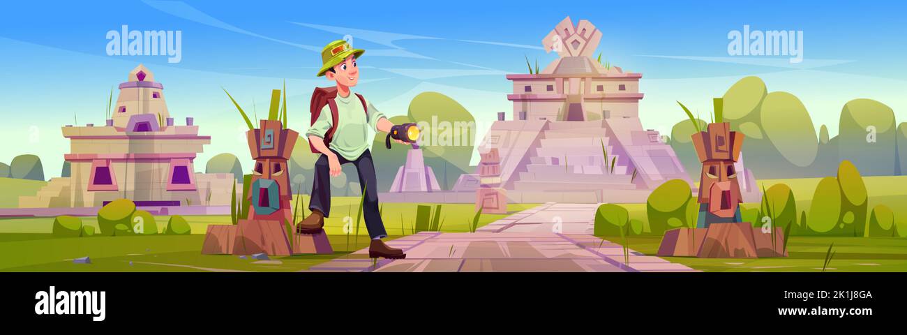 Man tourist explore ancient aztec ruins. Summer landscape of abandoned village of mayan civilization with temple, statues, pyramid and traveler in hat with flashlight, vector cartoon illustration Stock Vector