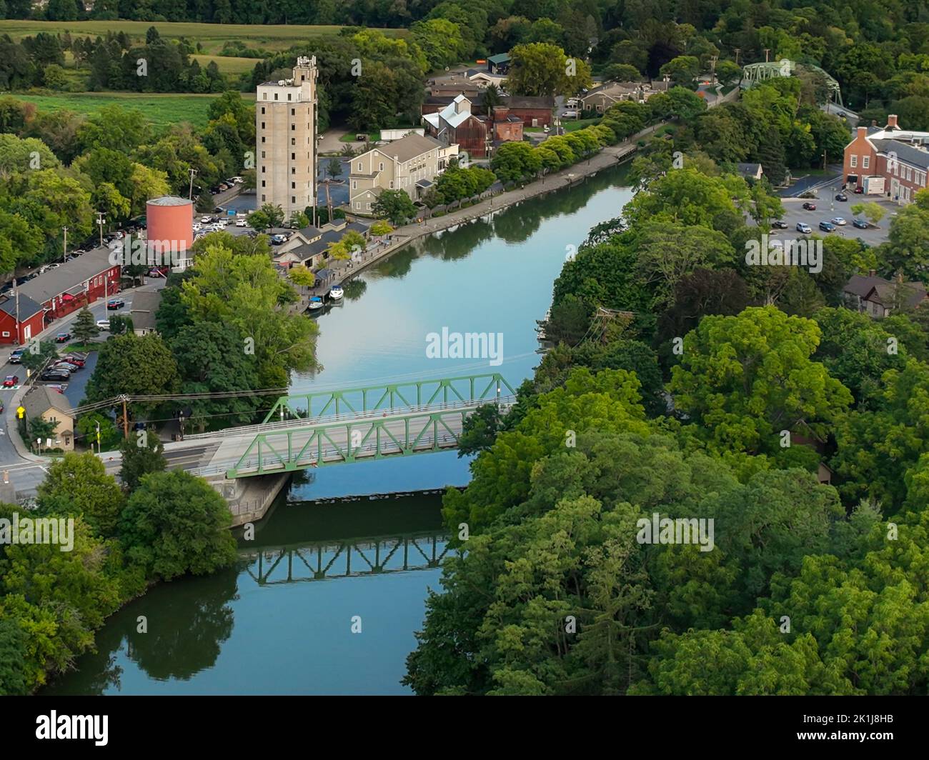 Early evening aerial photo of Schoen Place and the Erie Canal in the