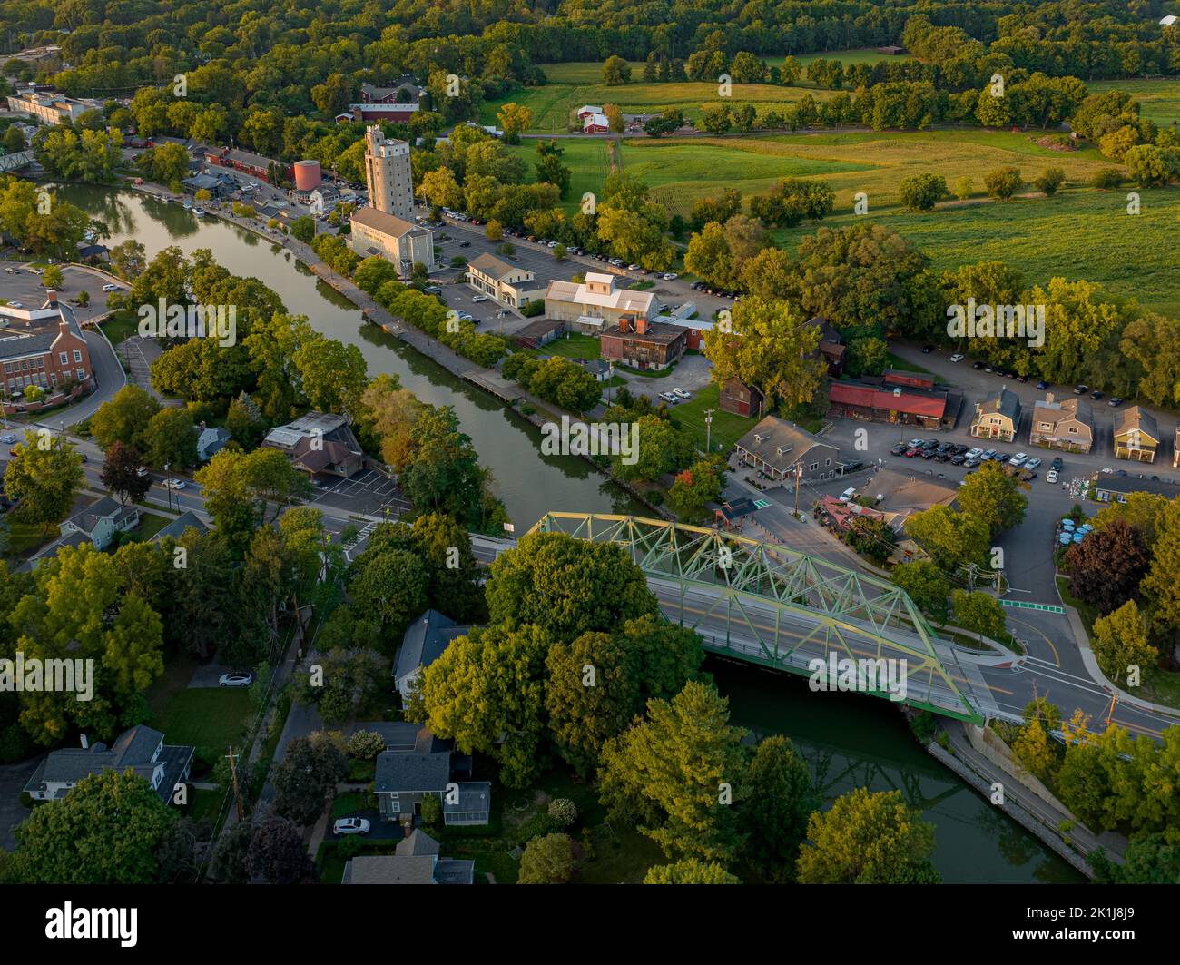 Early evening aerial photo of Schoen Place and the Erie Canal in the