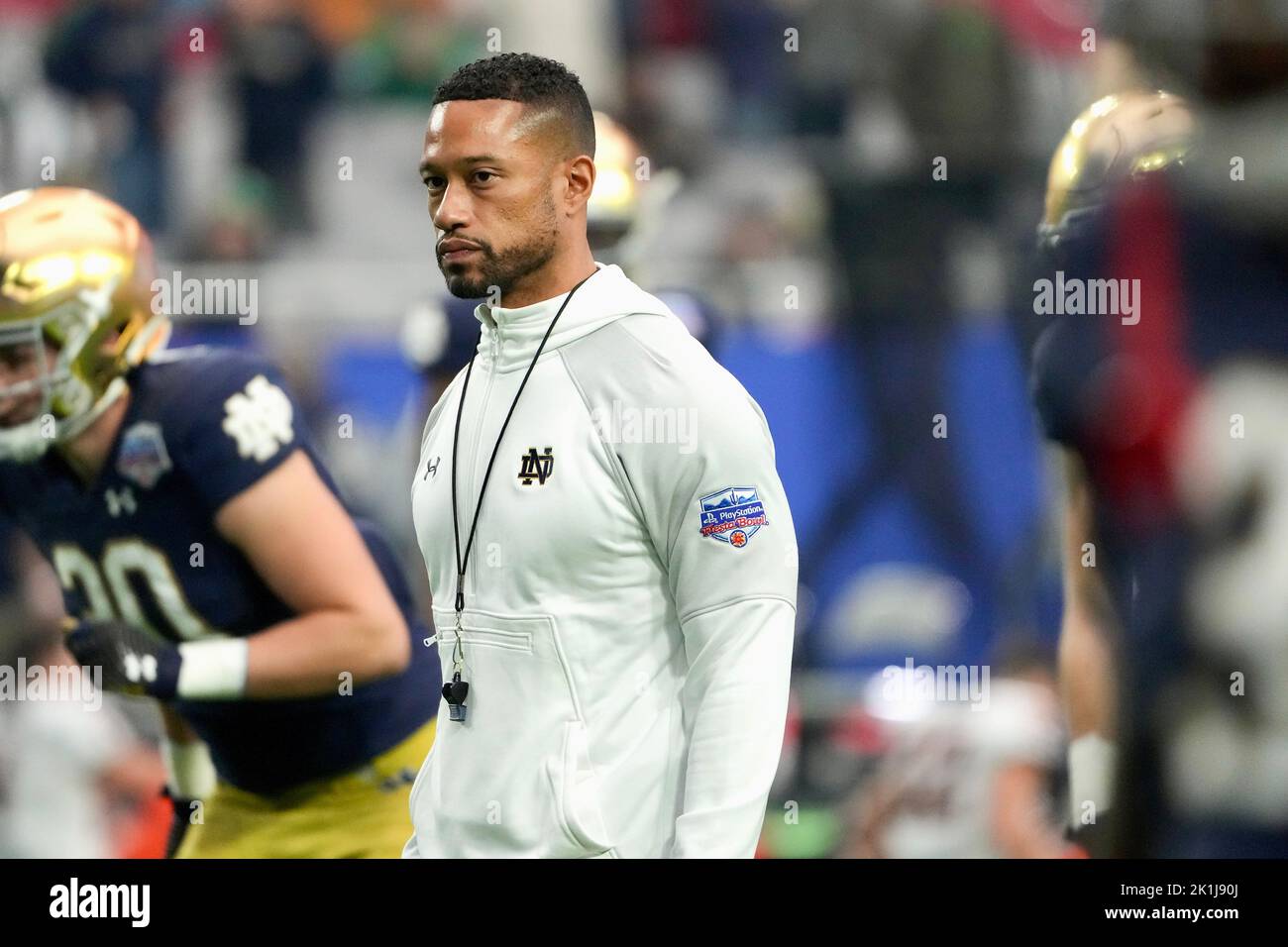 Norte Dame head coach Marcus Freeman coaches from the sidelines Stock(09)