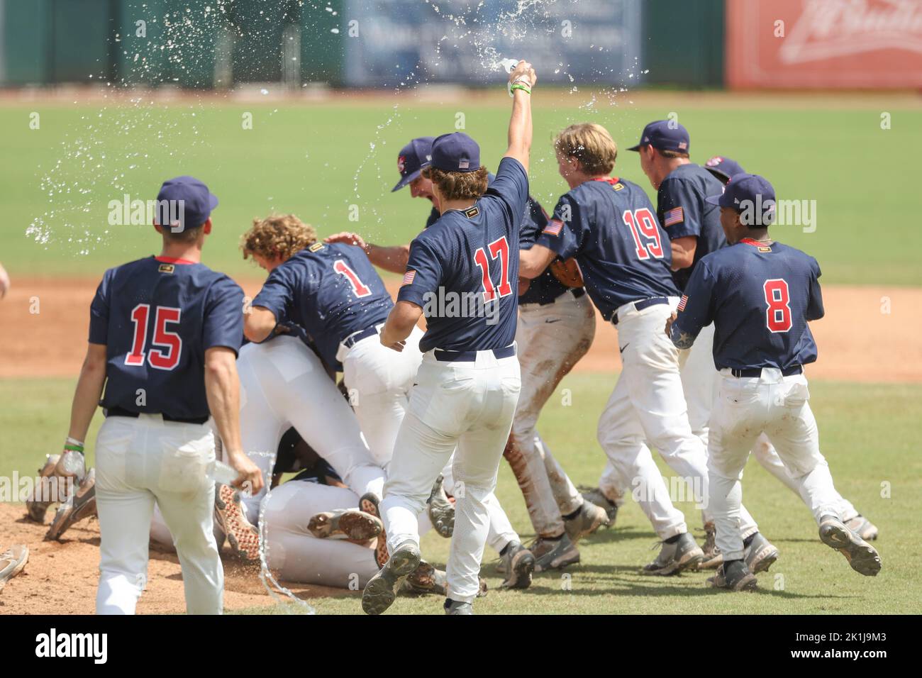 Sarasota, FL. USA;  Team USA celebrates the win after the Gold Medal Game against Chinese Taipei in the 18-U World Baseball Cup.  The USA defeated Chi Stock Photo