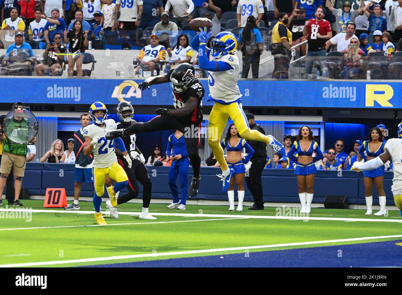 Los Angeles Rams cornerback Jalen Ramsey (5) intercepts the ball in the