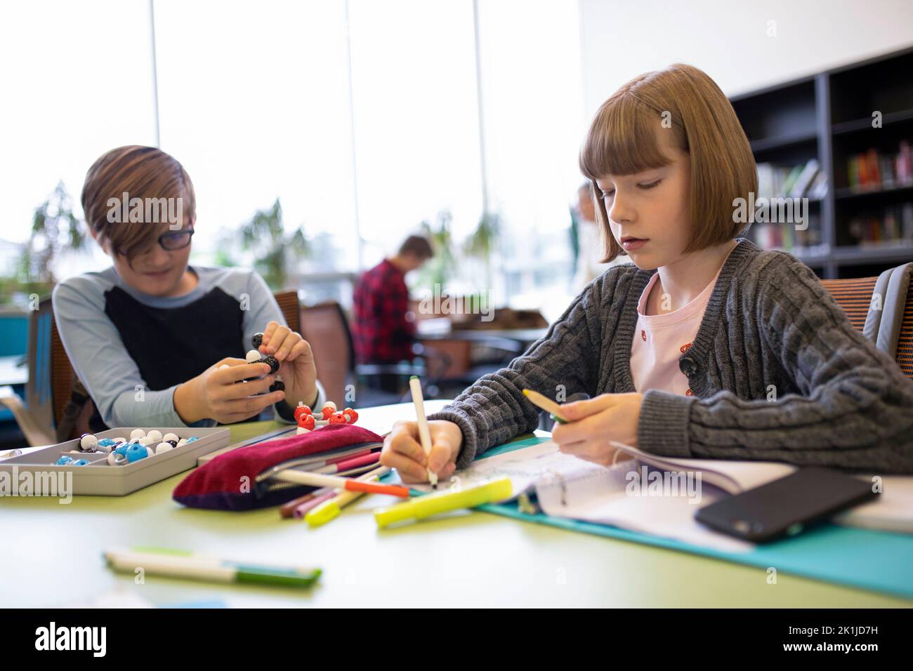 Junior high girl student doing homework in library study hall Stock