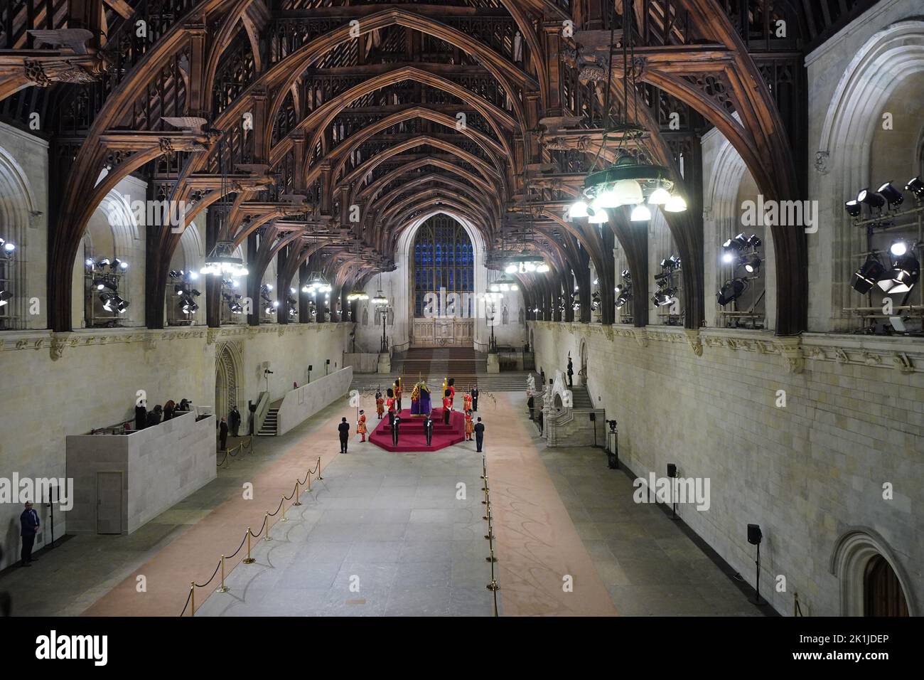 An empty Westminster Hall at 06:31am today after the final members of the public paid their respects at the coffin of Queen Elizabeth II, draped in the Royal Standard with the Imperial State Crown and the Sovereign's orb and sceptre, lying in state on the catafalque in Westminster Hall, at the Palace of Westminster, London. Picture date: Monday September 19, 2022. Stock Photo