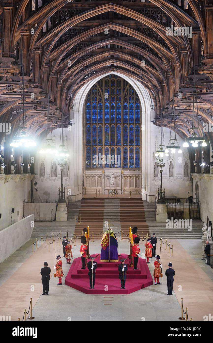 An empty Westminster Hall at 06:32am today after the final members of the public paid their respects at the coffin of Queen Elizabeth II, draped in the Royal Standard with the Imperial State Crown and the Sovereign's orb and sceptre, lying in state on the catafalque in Westminster Hall, at the Palace of Westminster, London. Picture date: Monday September 19, 2022. Stock Photo