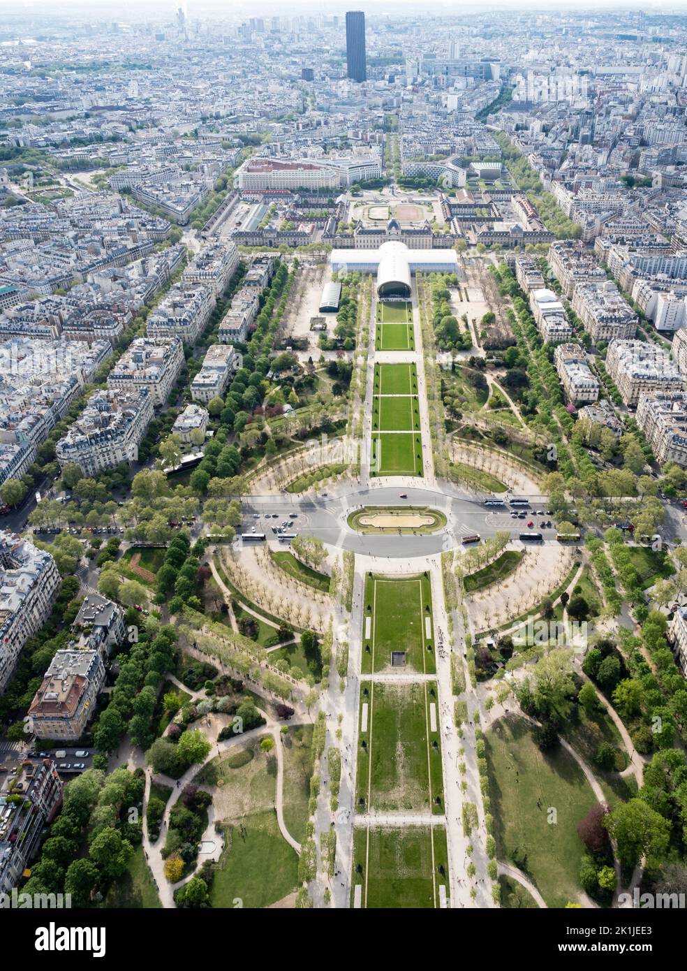 Paris, France - 18 April 2022: View from above to Champ de Mars, looking from Eiffel Tower towards southeast direction with the École Militaire and To Stock Photo