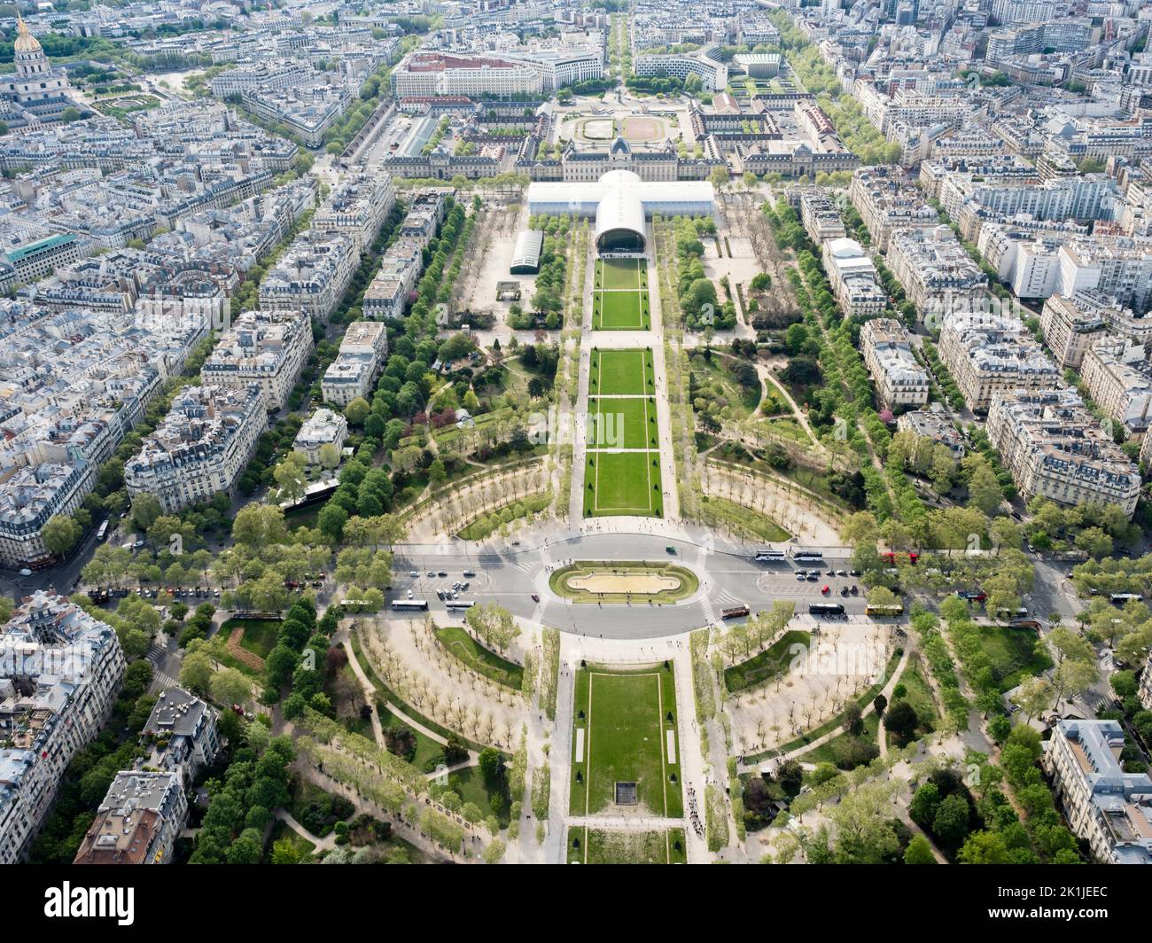 Paris, France - 18 April 2022: View from above to Champ de Mars, looking from Eiffel Tower towards southeast direction to the École Militaire. Stock Photo