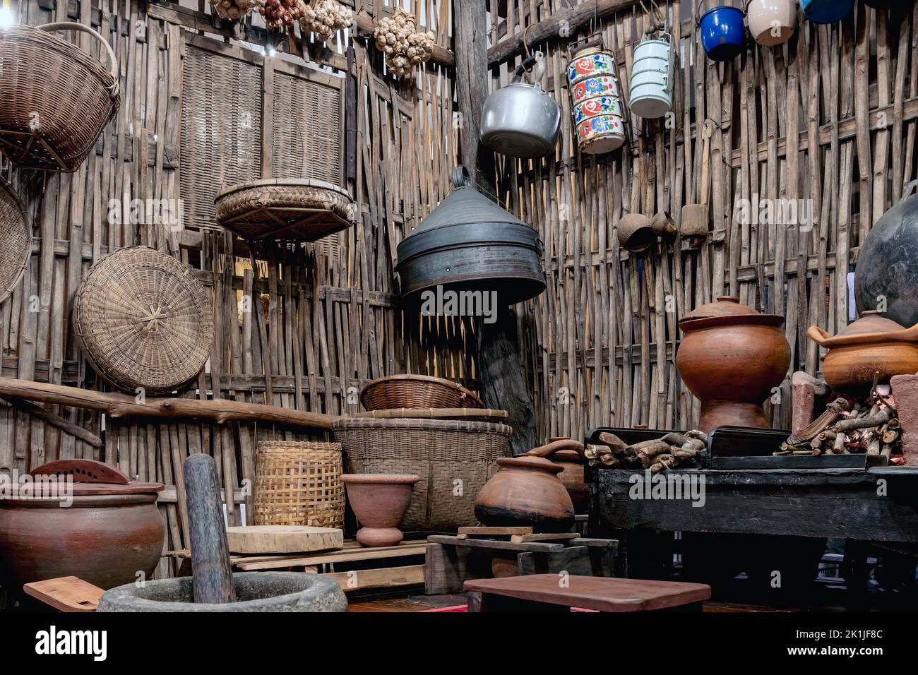 Variety and types of utensils for simple cooking of Asian families in