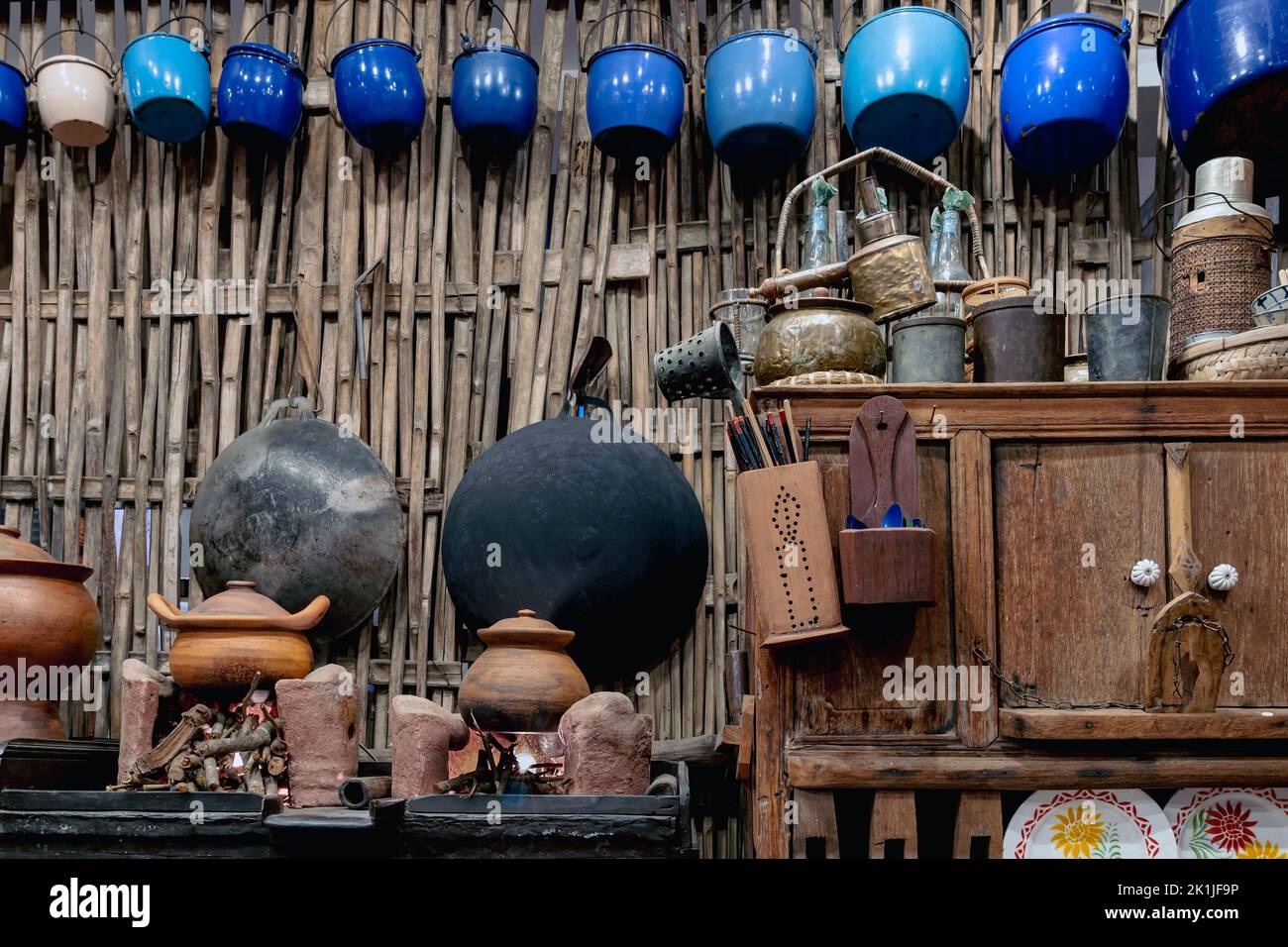 Variety and types of utensils for simple cooking of Asian families in