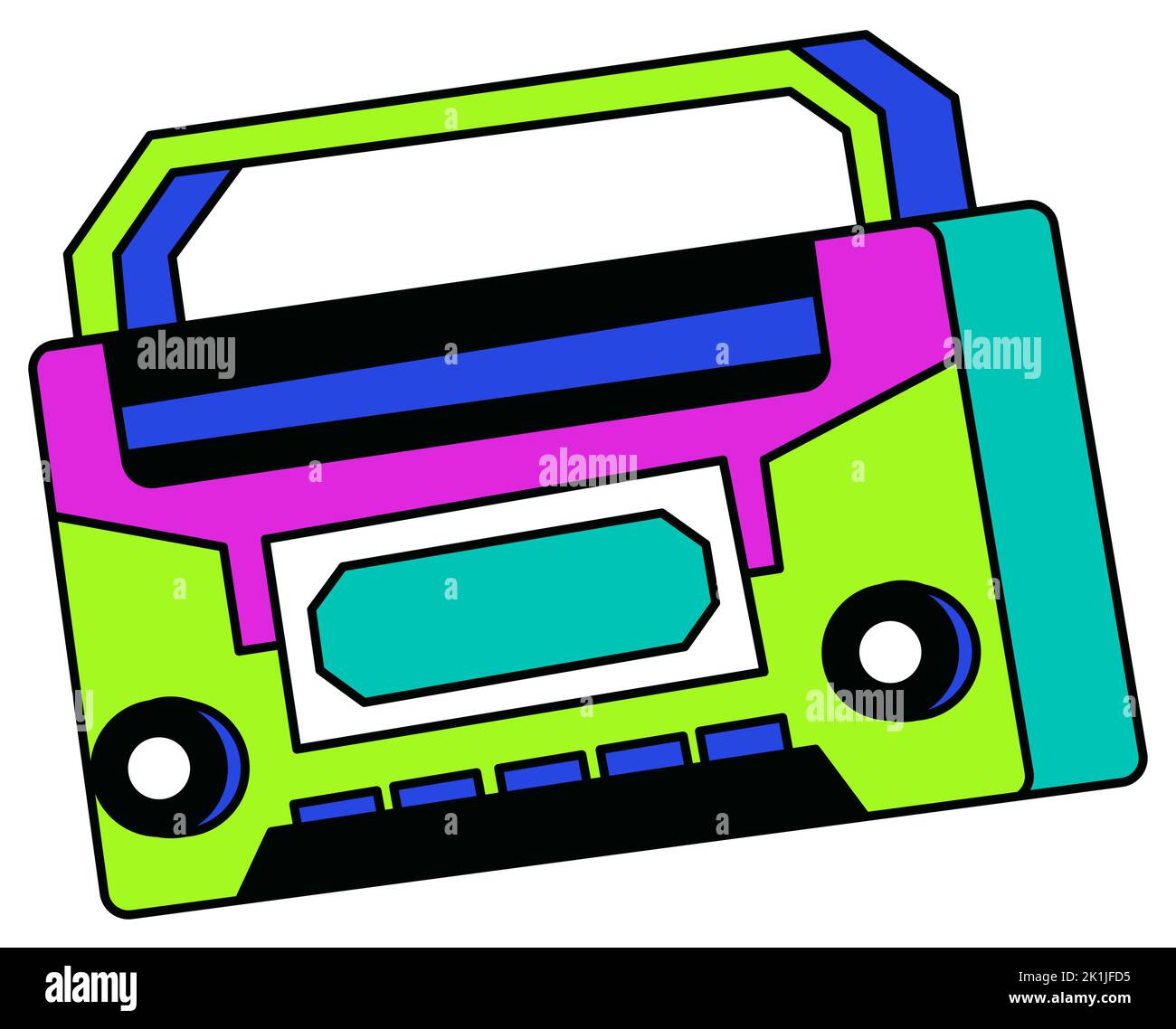 Old fashioned boombox, cassette player 90s sticker Stock Vector