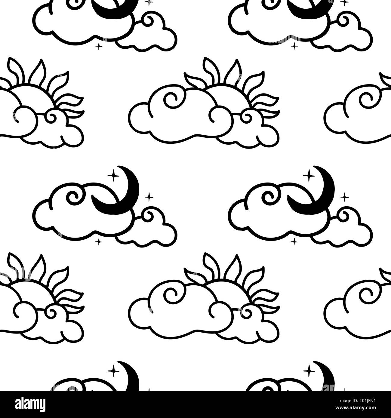 A seamless pattern of a cloud with the sun and a cloud with the moon