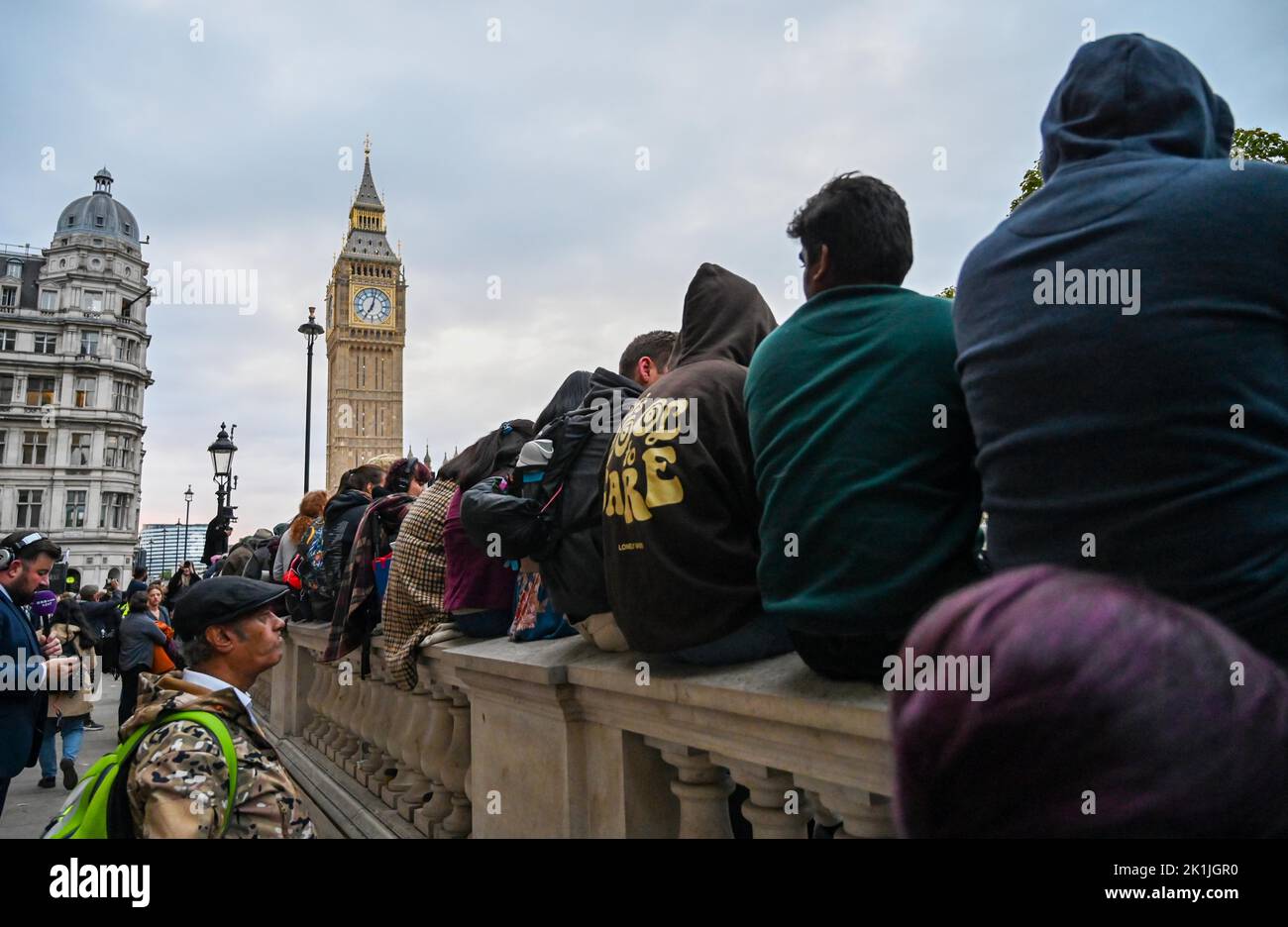 London UK 19th September 2022 - Crowds gather near Parliament Square in London to get a view of the funeral of Queen Elizabeth II : Credit Simon Dack / Alamy Live News Stock Photo