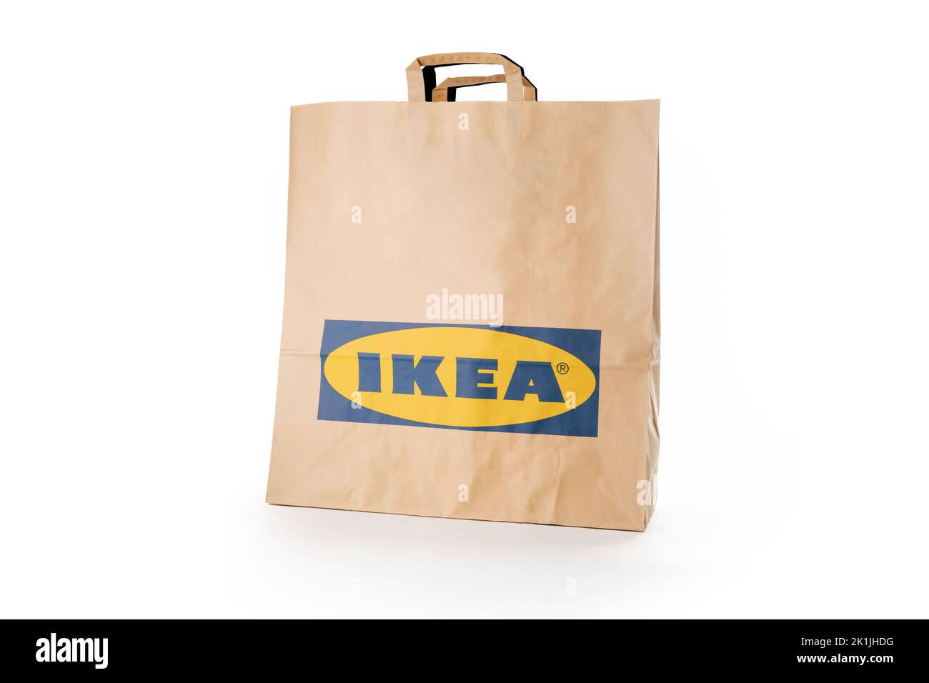 Cyprus, Paphos - SEPTEMBER 08, 2022: Ikea paper bag from famous furniture and home accessories brand. Over white background. Stock Photo