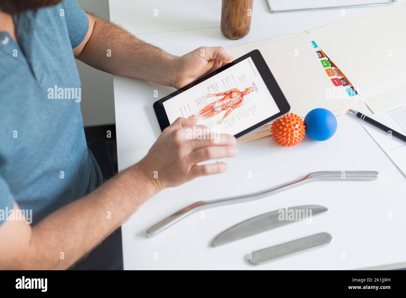 Naturopathic doctor looking at human anatomy on digital tablet Stock Photo