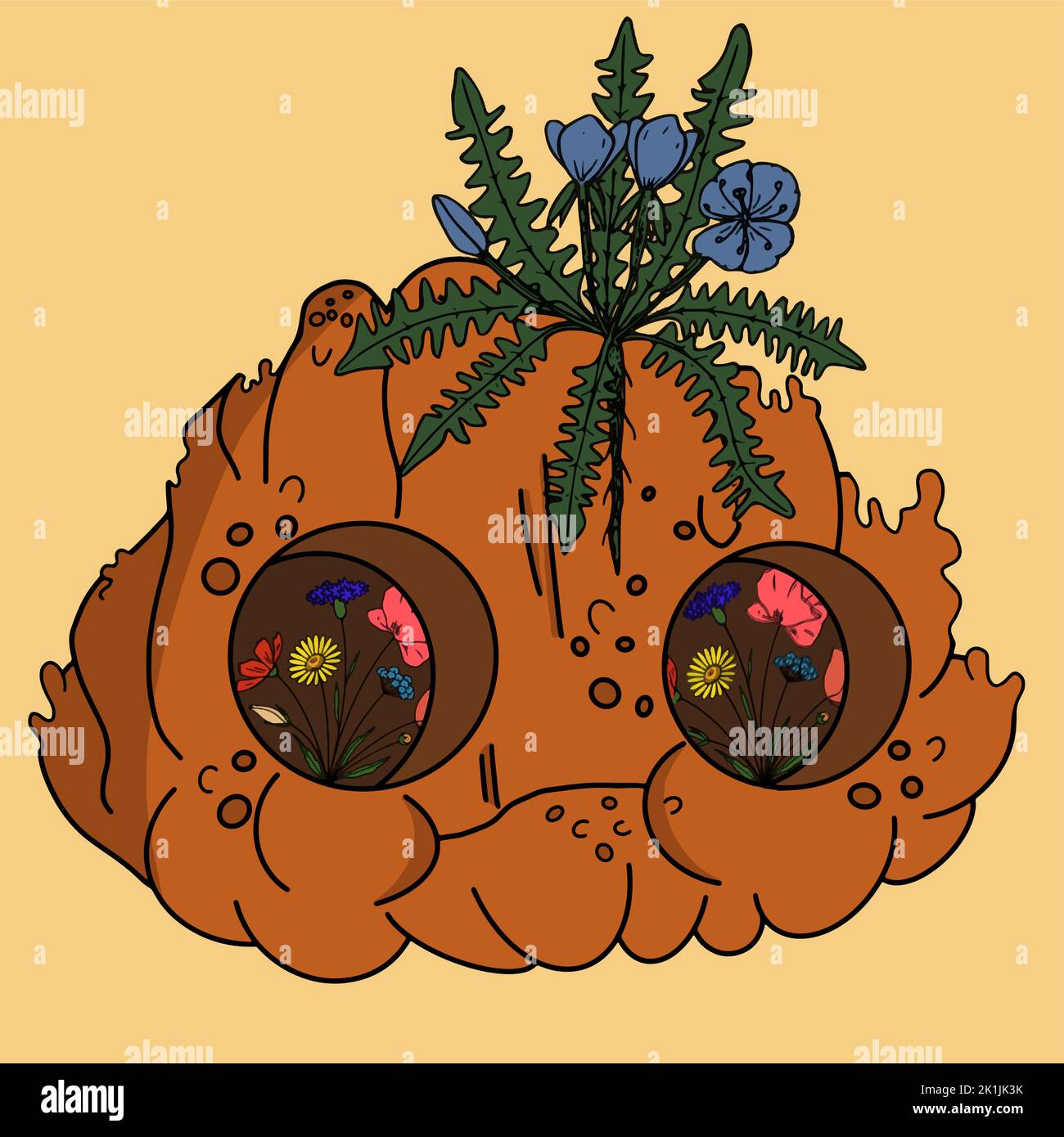 cute monster pumpkin with flowers halloween illustration Stock Vector ...