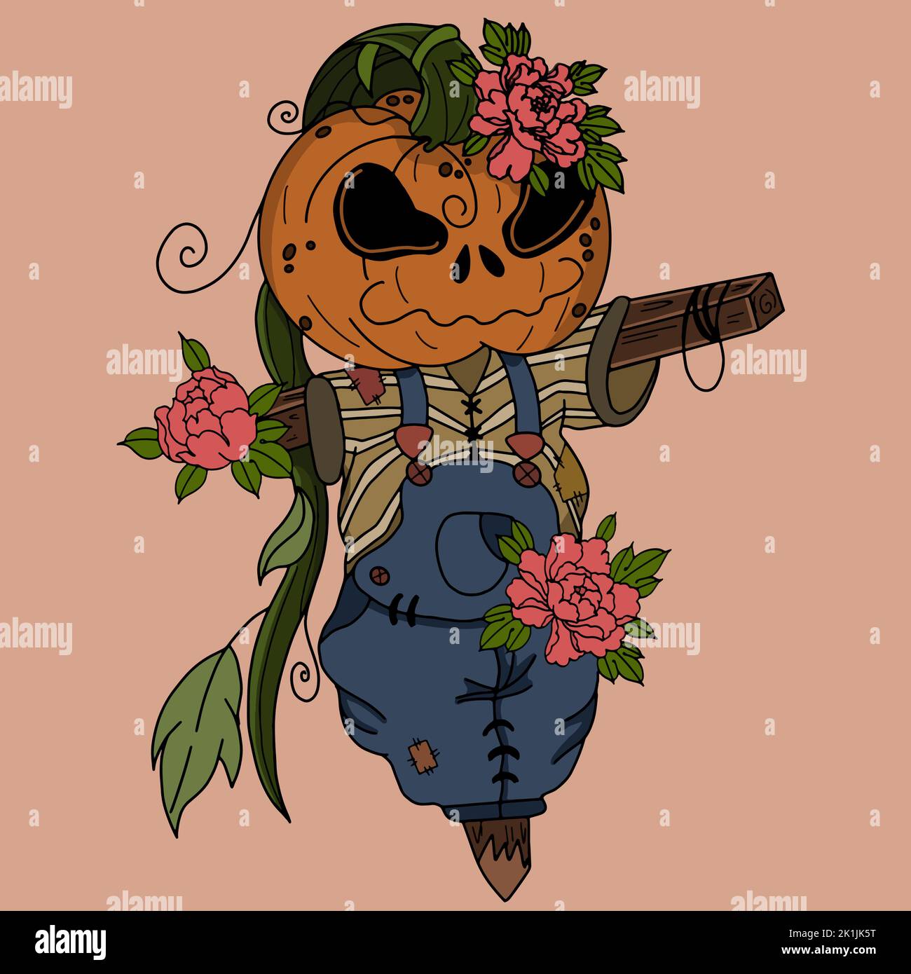 scarecrow with pumpkin head in flowers halloween illustration. Vector ...