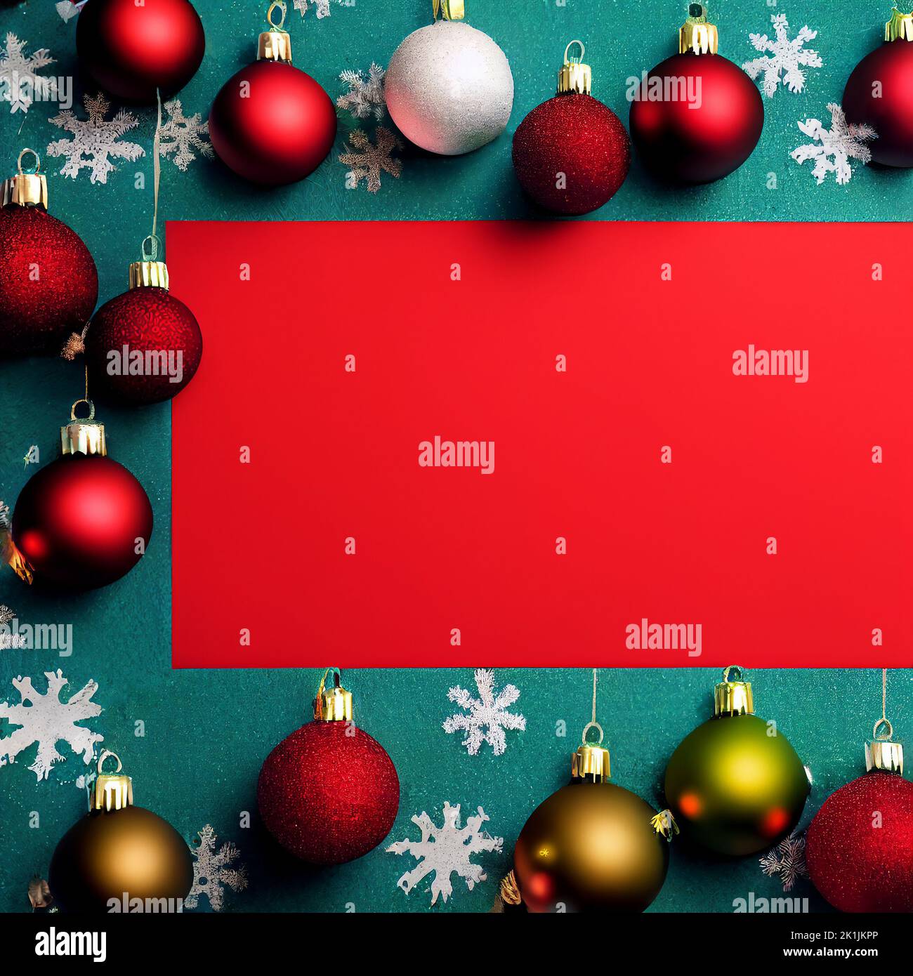 Festive Christmas background with baubles and copy space. AI generated computer graphics. 3D rendering. Stock Photo