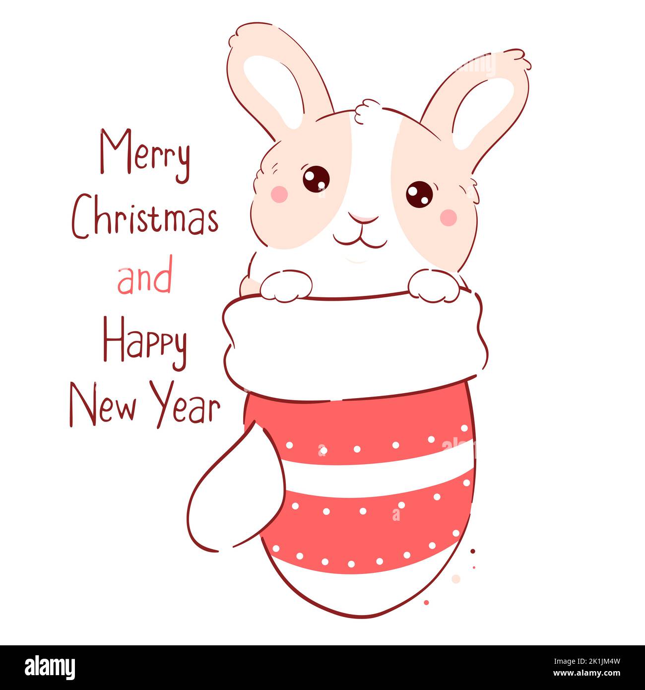 Cute Christmas card with bunny in mitten. Lovely rabbit with congratulating xmas card. Inscription Merry Christmas and Happy New Year. Vector illustra Stock Vector