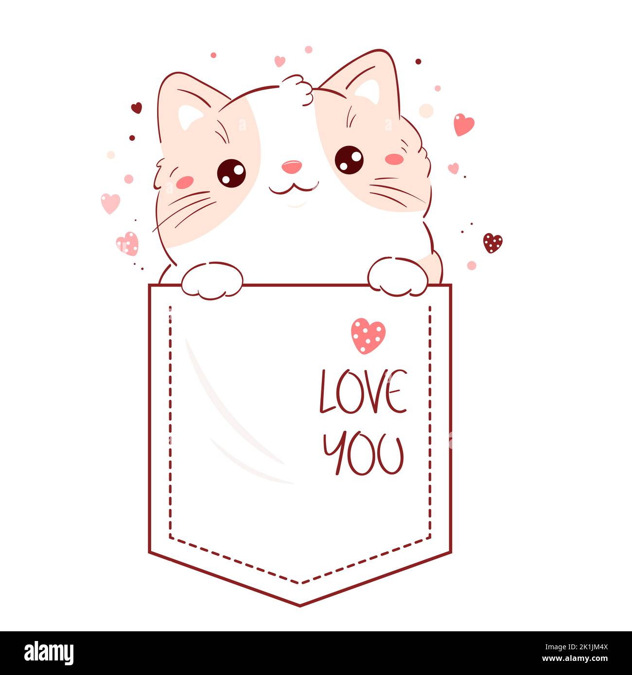 Cute Valentine card in kawaii style. Lovely cat in pocket. Inscription Love you. Baby print with kitty in pocket. Childish print with funny pet for t- Stock Vector