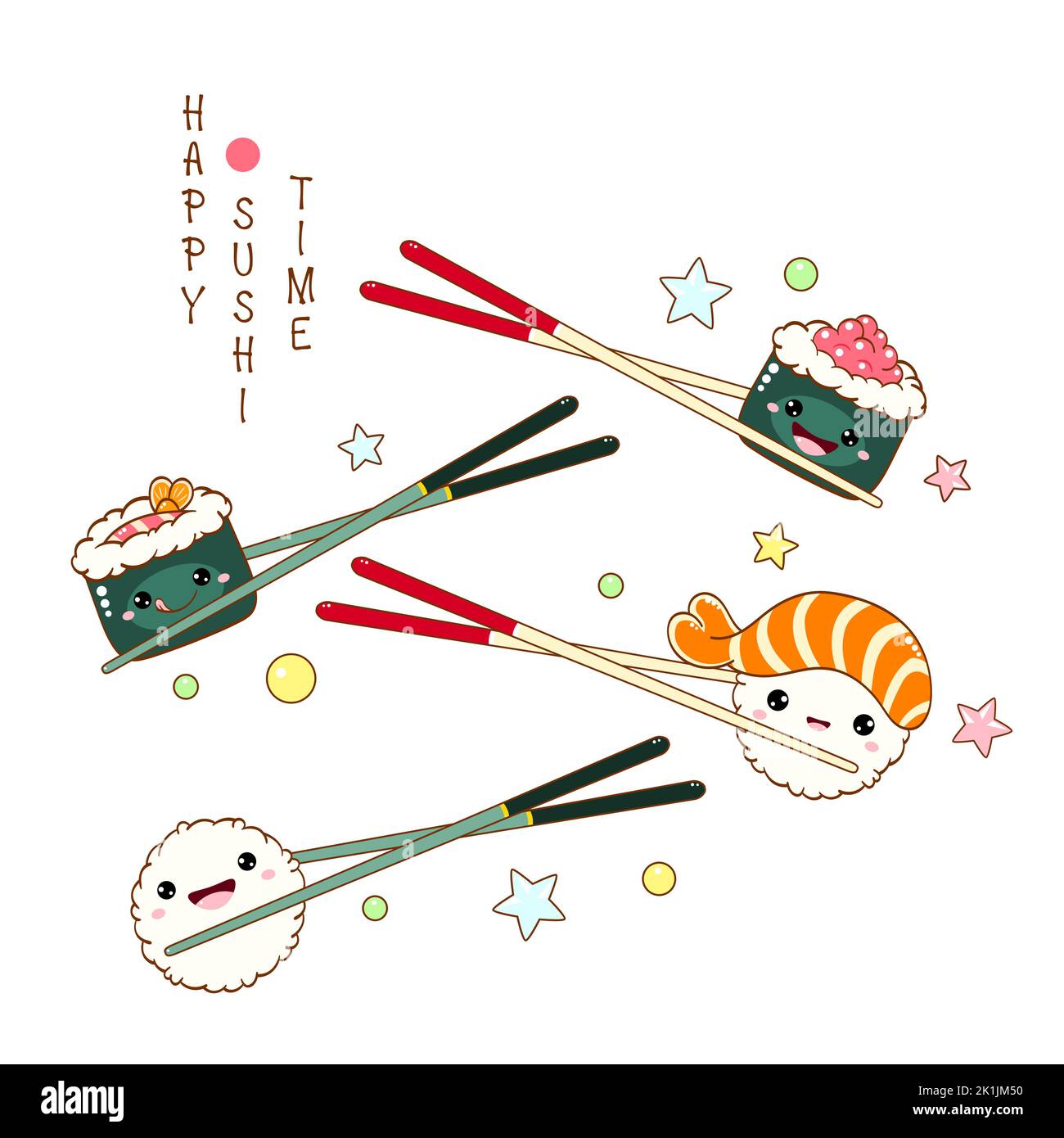 Stack of cute sushi and rolls in kawaii style with smiling faces. Japanese traditional cuisine dishes. Can be used for t-shirt print, sticker, greetin Stock Vector