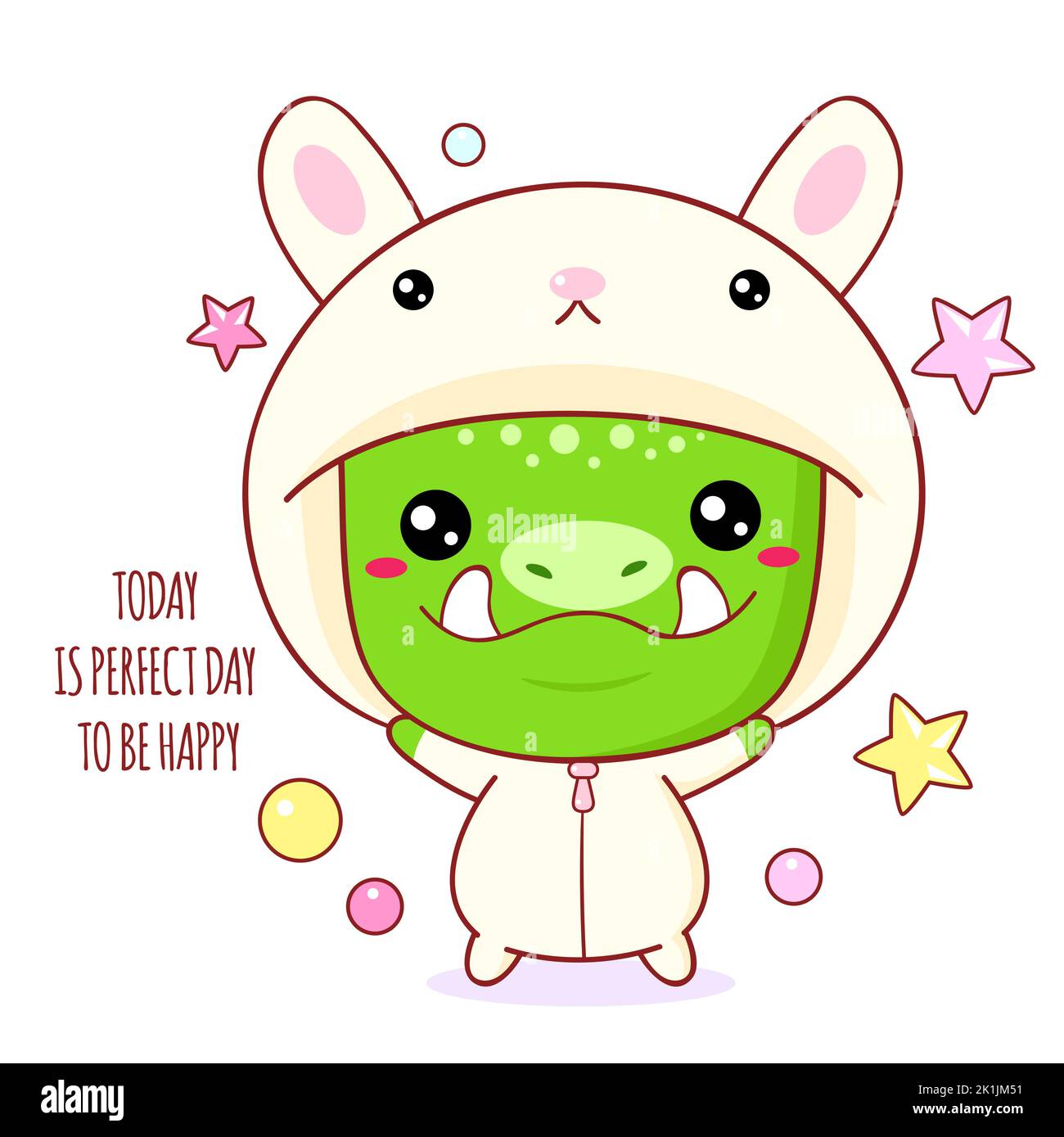 Cute baby monster in bunny costume. Today is perfect day to be happy. Banner with affirmation for kids playroom. Motivational quote for card, invitati Stock Vector