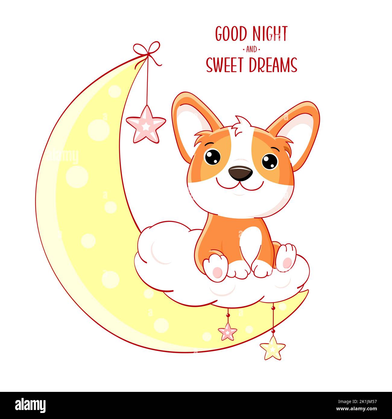 Cute baby dog on moon. Good night and sweet dreams. Little corgi puppy on crescent. Can be used for for childish t-shirt prints, nursery poster,  baby Stock Vector