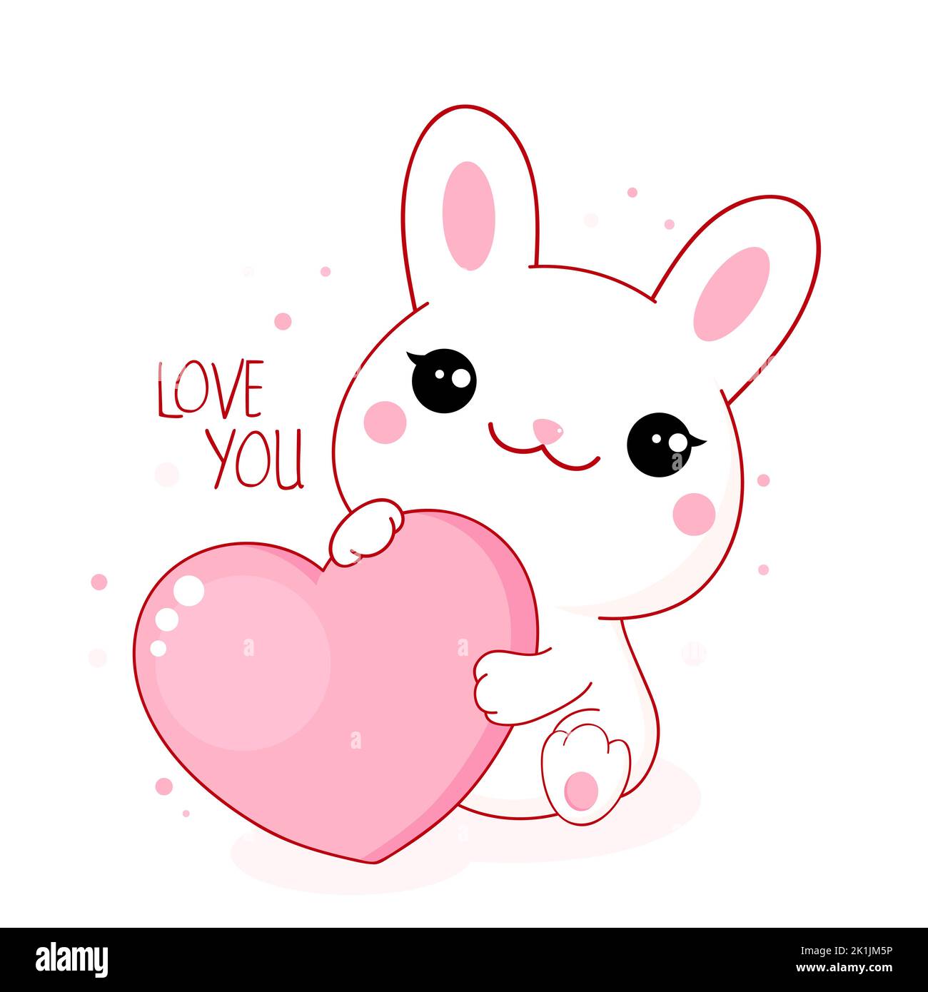 Cute Valentine card in kawaii style. Little white bunny with big pink heart. Inscription Love you. Can be used for t-shirt print, stickers, greeting c Stock Vector