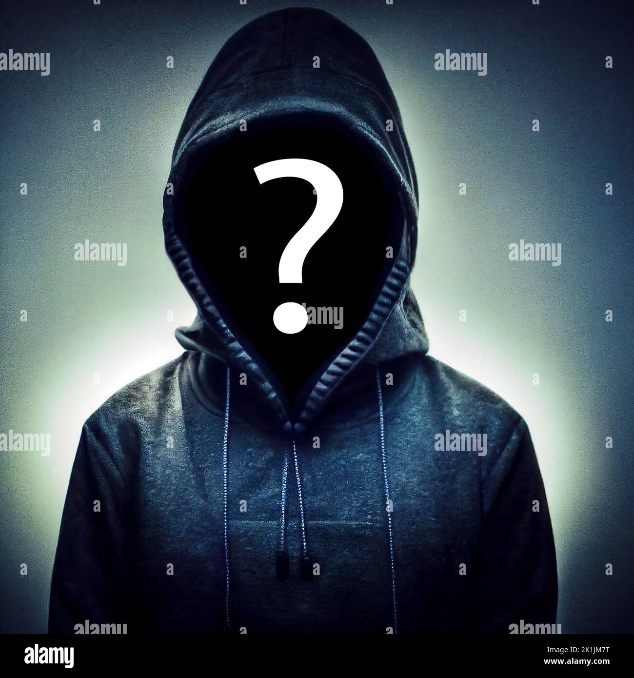 Mysterious unknown hacker in black clothing with question mark on face. AI generated computer graphics. 3D rendering. Stock Photo