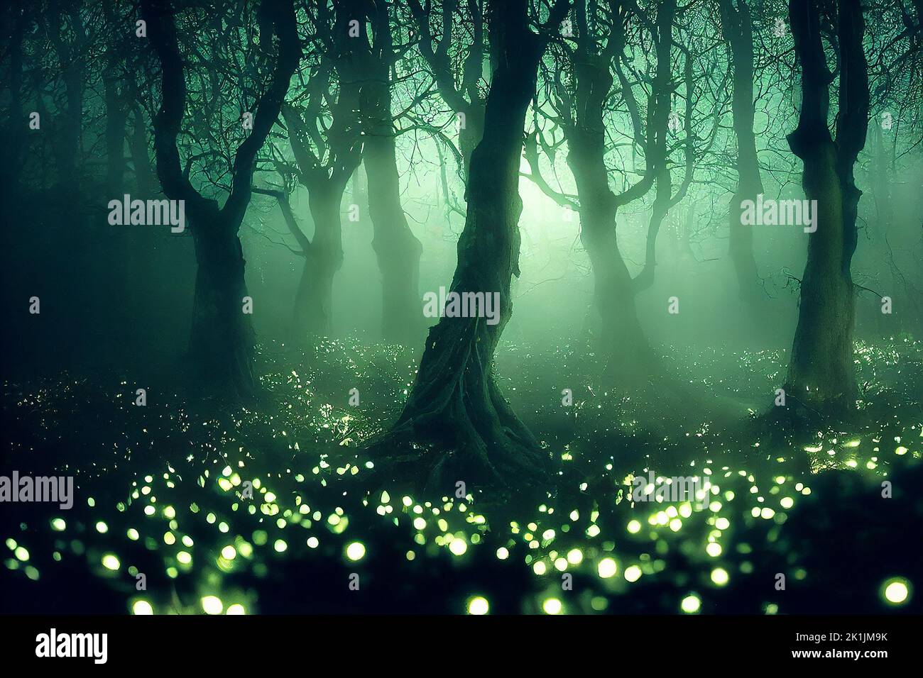 Abstract and magical image of Firefly flying in the night forest. Fairy tale concept. AI generated computer graphics. 3D rendering. Stock Photo